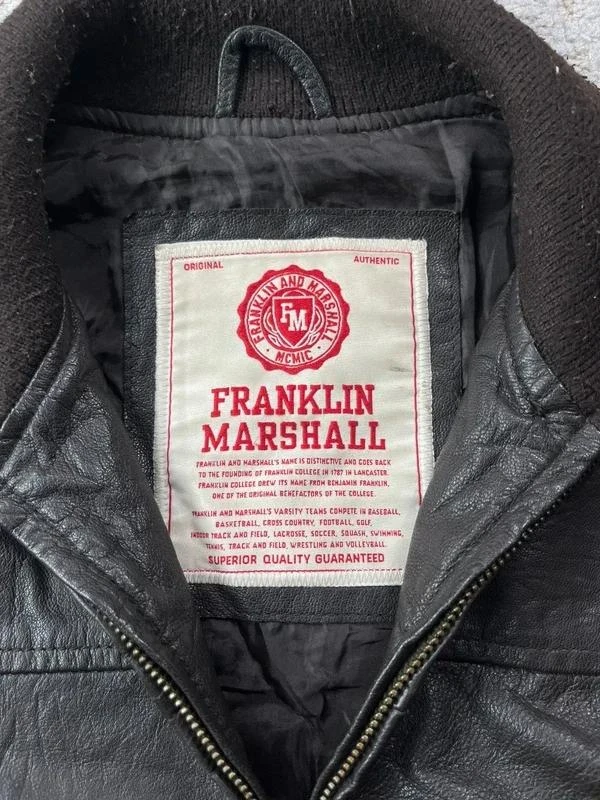 Jaqueta bomber marrom de couro preto com zíper duplo Franklin & Marshall tamanho – photo 4